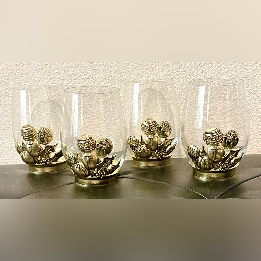 Set Of 4 Metal & Glass Christmas Ornament Stemless Wine Glasses NEW